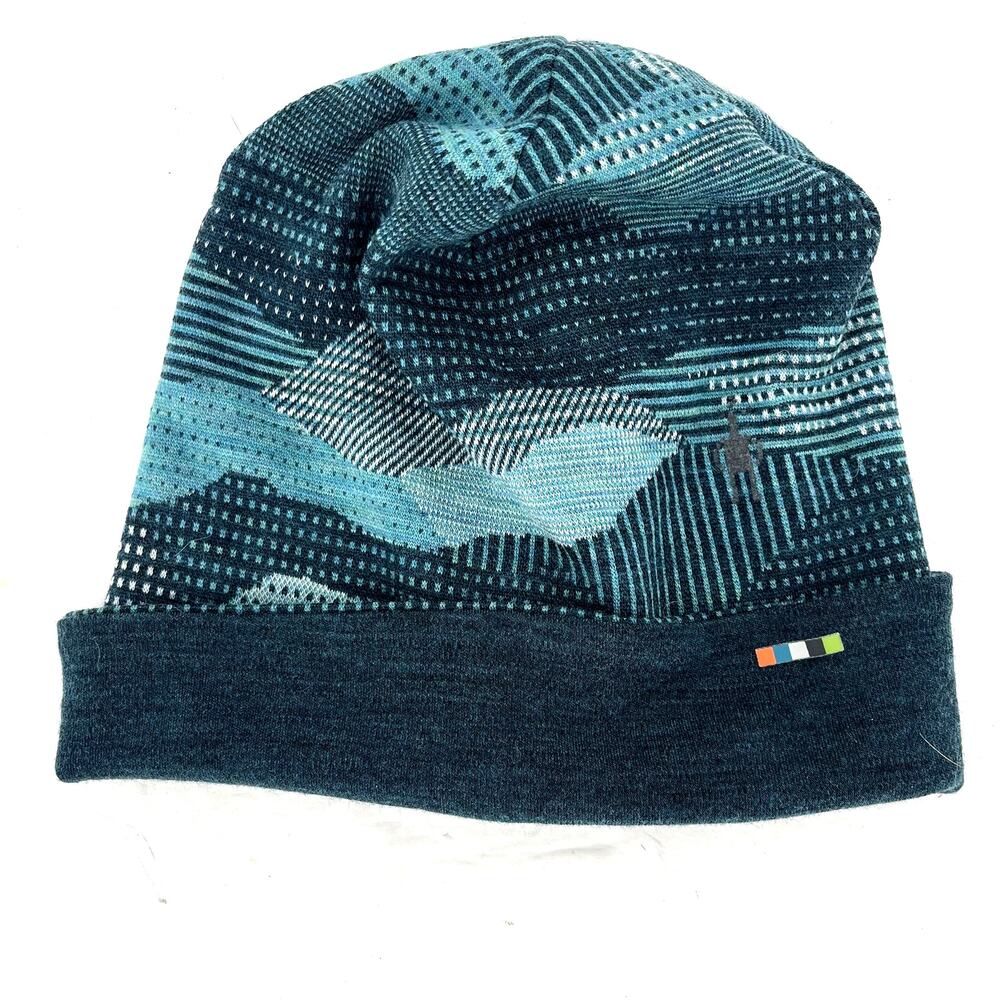 Smartwool Thermal Merino Reversible Beanie Blue Pattern Cuffed Wool Hat